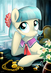 Size: 636x900 | Tagged: safe, artist:yulyeen, coco pommel, earth pony, pony, bust, chains, chair, female, flower, leaning, looking at you, mare, necklace, portrait, pretty, scissors, solo, spool