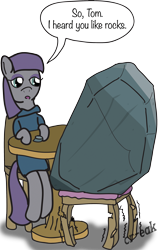 Size: 2033x3210 | Tagged: safe, artist:ricepoison, boulder (pet), maud pie, tom, maud pie (episode), cargo ship, chair, rockcon, shipping, sitting, table, tomaud