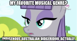 Size: 480x258 | Tagged: safe, edit, edited screencap, screencap, maud pie, maud pie (episode), didgeridoo, exploitable meme, hub logo, image macro, meme, musical instrument, rock pun, solo