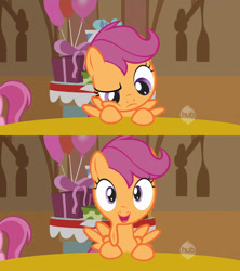 Size: 1268x1426 | Tagged: safe, artist:dtkraus, edit, scootaloo, balloon, cheeks, sagging, wat