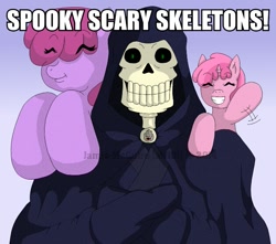 Size: 629x556 | Tagged: safe, artist:mr-101, berry punch, berryshine, ruby pinch, earth pony, pony, 2spooky, andrew gold, caption, female, filly, grim reaper, image macro, jontron thread, mare, meme, skeleton, spooky thread