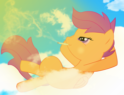 Size: 1617x1243 | Tagged: safe, artist:evo, scootaloo, cloud, cloudy, drugs, sky, smoke, solo, sun, vector