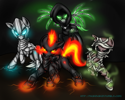 Size: 2000x1600 | Tagged: safe, artist:phokingazn, armor, black background, bone wings, conquest, famine, fire, fire hair, four horsemen of the apocalypse, grim reaper, group, horseman of death, horseman of war, mane of fire, pestilence, quartet, simple background, skeletal wings, war