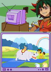 Size: 481x667 | Tagged: safe, cheese sandwich, cotton cloudy, first base, noi, hippopotamus, pinkie pride, colt, exploitable meme, female, filly, male, meme, obligatory pony, ponies riding hippopotamuses, rainbow, riding, stallion, tack, tv meme, walking, yu-gi-oh!, yu-gi-oh! arc-v, yuya sakaki