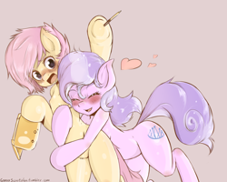 Size: 1280x1024 | Tagged: safe, artist:sagasshi, diamond tiara, scootaloo, earth pony, pegasus, semi-anthro, blushing, female, gamer scootaloo, glomp, heart, lesbian, nintendo ds, older, scootiara, shipping, surprised, tackle, teenager