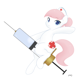 Size: 1280x1280 | Tagged: safe, artist:zoarity, nurse redheart, giant syringe, simple background, solo, straddling, syringe, transparent background, wingding eyes