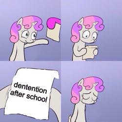 Size: 1024x1024 | Tagged: safe, sweetie belle, pony, unicorn, bipedal, detention, exploitable meme, female, filly, gradient background, hoof hold, horn, letter, meme, paper, sad, solo, sweetie's note meme, two toned hair, white coat