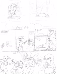 Size: 2550x3280 | Tagged: safe, artist:vinny, oc, oc only, oc:alex, oc:pogo, satyr, comic, monochrome, offspring, parent:gilda, parent:pinkie pie, pencil drawing, pie, traditional art