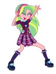 Size: 3600x4800 | Tagged: safe, artist:remcmaximus, lemon zest, equestria girls, friendship games, absurd resolution, bowtie, clothes, crystal prep academy, crystal prep academy uniform, crystal prep shadowbolts, devil horn (gesture), eyes closed, headphones, high heels, listening, music, open mouth, pleated skirt, rock on, school uniform, simple background, skirt, socks, solo, transparent background, vector