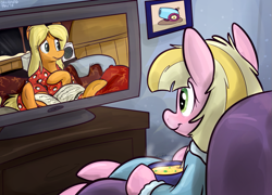 Size: 999x720 | Tagged: safe, artist:thedoggygal, meadow flower, andrea libman, bridget jones, bridget pones diary, ponified, request, sick, soup, television, twitter