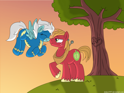 Size: 4000x3000 | Tagged: safe, artist:drako1997, big macintosh, fleetfoot, earth pony, pony, fleetmac, male, shipping, stallion, straight, sunset, tree, wonderbolts uniform