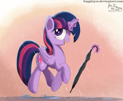 Size: 2200x1800 | Tagged: safe, artist:bugplayer, twilight sparkle, twilight sparkle (alicorn), alicorn, pony, 2016, bugplayer is trying to murder us, cute, female, magic, mare, open mouth, rain, signature, singin' in the rain, solo, telekinesis, trotting, twiabetes, umbrella