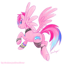 Size: 800x701 | Tagged: safe, artist:soulscapecreatives, oc, oc only, oc:shooting star, pegasus, pony, bracelet, earring, fishnet stockings, highlights, hooves, lip piercing, looking back, piercing, pink, plot, punk, raised hoof, raised leg, smiling, solo, spiked choker, spread wings, underhoof