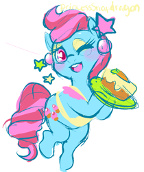 Size: 943x1122 | Tagged: safe, artist:princesssnapdragon, cup cake, pony, bipedal, blushing, cake, food, sketch, solo, wink
