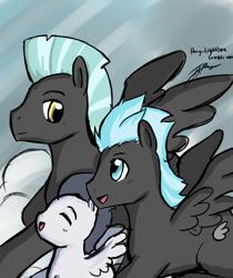 Size: 1076x1281 | Tagged: safe, artist:pony-lightbox, rumble, thunderlane, pegasus, pony, ask the thunderbros, brothers, cloud, cloudy, colt, cute, eyes closed, flying, male, open mouth, siblings, smiling, spread wings, stallion, thunderclap, trio, tumblr