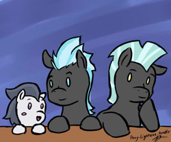Size: 650x538 | Tagged: safe, artist:pony-lightbox, rumble, thunderlane, pegasus, pony, :d, ask the thunderbros, blush sticker, blushing, brothers, cute, leaning, male, open mouth, siblings, smiling, stallion, thunderclap, trio, tumblr