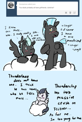 Size: 724x1074 | Tagged: safe, artist:pony-lightbox, rumble, thunderlane, pegasus, pony, ask, ask the thunderbros, blushing, brothers, cloud, colt, cute, implied gay, male, shipping, siblings, solo, stallion, thunderclap, tumblr