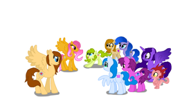 Size: 1920x1080 | Tagged: safe, artist:mlploverandsoniclover, oc, oc only, oc:butterfly pink, oc:crystal stone glow, oc:diamond rocks, oc:flare spare, oc:flower posey, oc:gaby, oc:purple orange, oc:sea blue, alicorn, dragon, pony, alicorn oc, colored wings, female, gradient wings, group, mare, princess minus subtract, recolor, royal winged pegasus