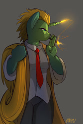 Size: 700x1050 | Tagged: safe, artist:noben, oc, oc only, oc:epickitty, anthro, unicorn, anthro oc, cigarette, female, magic, necktie, smoking, solo