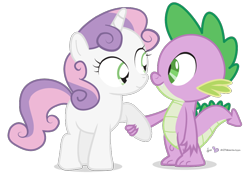 Size: 920x640 | Tagged: safe, artist:dm29, spike, sweetie belle, dragon, eye contact, female, holding hands, holding hooves, male, shipping, simple background, smiling, spikebelle, straight, transparent background