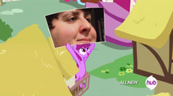 Size: 842x468 | Tagged: safe, edit, edited screencap, screencap, berry punch, berryshine, testing testing 1-2-3, all new, berry's sign, exploitable, exploitable meme, hub logo, jontron, meme, nightshade: the claws of heugh, text