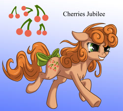 Size: 1500x1350 | Tagged: safe, artist:starbat, cherries jubilee, earth pony, pony, g1, blue background, bow, cutie mark, gradient background, running, simple background, solo, tail bow