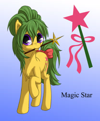 Size: 1500x1800 | Tagged: safe, artist:starbat, magic star, pony, unicorn, g1, blue background, bow, cutie mark, gradient background, hair up, magic wand, mouth hold, raised hoof, simple background, solo, tail bow