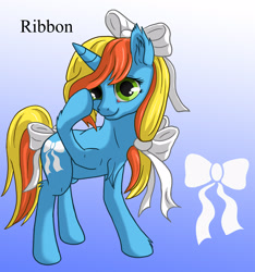 Size: 1500x1600 | Tagged: safe, artist:starbat, ribbon (g1), pony, unicorn, g1, blue background, bow, chest fluff, cutie mark, gradient background, hair bow, hoof on head, ribbon, simple background, solo, tail bow