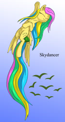 Size: 1500x2800 | Tagged: safe, artist:starbat, skydancer, pegasus, pony, g1, blue background, bow, cutie mark, eyes closed, flying, gradient background, long tail, simple background, solo, tail bow