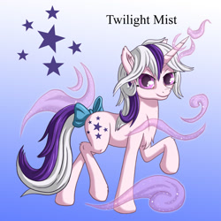 Size: 1500x1500 | Tagged: safe, artist:starbat, twilight, pony, unicorn, g1, blue background, bow, cutie mark, gradient background, mist, raised hoof, simple background, solo, tail bow