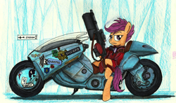 Size: 1280x755 | Tagged: safe, artist:buckweiser, scootaloo, akira, clothes, crossover, cutie mark, equestrian innovations, gun, jacket, kaneda shotaro, meme, motorcycle, ponified, solo, thanks m.a. larson