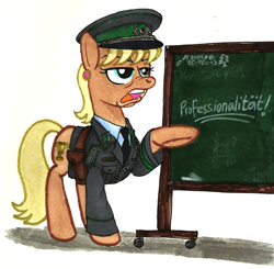 Size: 1024x1003 | Tagged: safe, artist:buckweiser, ms. harshwhinny, christmas, clothes, east germany, exploitable meme, german, holster, lecture, meme, military, ms. harshwhinny's professional chalkboard, obligatory pony, professionalism, solo, uniform