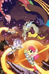 Size: 755x1147 | Tagged: safe, artist:tonyfleecs, idw, apple bloom, discord, scootaloo, sweetie belle, astronaut, comic cover, cosmic, cover art, cutie mark crusaders, flying, jetpack, planet, ponies in space, space, spacesuit