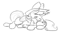 Size: 1280x682 | Tagged: safe, artist:zilof, beauty brass, fiddlesticks, apple family member, cuddling, cute, eyes closed, fiddlebrass, hat, monochrome, prone, shipping, sleeping, smiling, snuggling, wink