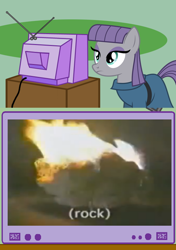 Size: 506x720 | Tagged: safe, maud pie, exploitable meme, fire, meme, obligatory pony, rock, sifl & olly show, solo, tv meme