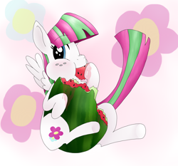 Size: 3000x2800 | Tagged: safe, artist:dragonpone, derpibooru exclusive, blossomforth, pegasus, pony, blushing, eating, food, solo, watermelon