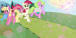 Size: 3000x1500 | Tagged: safe, artist:starfox365, daisy, flower wishes, lily, lily valley, roseluck, flower, flower trio, mouth hold, watering can