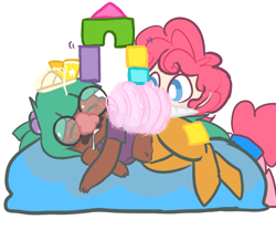 Size: 600x500 | Tagged: safe, artist:mt, oc, oc only, oc:mudpie, oc:pogo, satyr, building blocks, cheese, cotton candy, food, groucho mask, offspring, parent:pinkie pie, parent:snails, shoes, sleeping