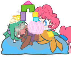 Size: 600x500 | Tagged: safe, artist:mt, oc, oc only, oc:mudpie, oc:pogo, satyr, blocks, cheese, cotton candy, food, groucho mask, offspring, parent:pinkie pie, parent:snails, shoes, sleeping, teabag