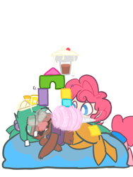 Size: 600x800 | Tagged: safe, artist:mt, oc, oc only, oc:mudpie, oc:pogo, satyr, blocks, cheese, chocolate milk, cotton candy, food, groucho mask, offspring, parent:pinkie pie, parent:snails, pie, shoes, sleeping, teabag