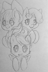 Size: 500x743 | Tagged: safe, artist:quackingmoron, apple bloom, scootaloo, sweetie belle, cutie mark crusaders, monochrome