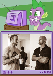 Size: 418x593 | Tagged: safe, spike, dragon, behind the scenes, cm punk, exploitable meme, meme, obligatory pony, the rock, tv meme, wrestler, wrestling, wwe