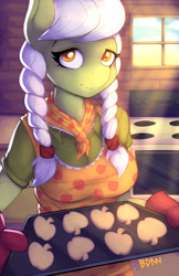Size: 841x1300 | Tagged: safe, artist:drbdnv, granny smith, anthro, earth pony, adorasmith, apron, baking, baking sheet, clothes, cookie, cute, female, looking at you, mare, neckerchief, oven, oven mitts, shirt, solo, young granny smith, younger