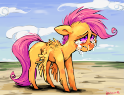 Size: 1077x831 | Tagged: safe, artist:xenon, scootaloo, crying, floppy ears, messy mane, sad, scootaloo can't fly, snot, solo