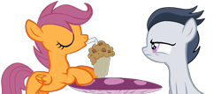 Size: 1406x602 | Tagged: safe, artist:dreamcasterpegasus, rumble, scootaloo, female, jealous, male, milkshake, rumbloo, shipping, straight