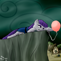 Size: 1000x1000 | Tagged: safe, artist:m_d_quill, boulder (pet), maud pie, maud pie (episode), balloon, cliff, fence, house, rock farm, sad, solo