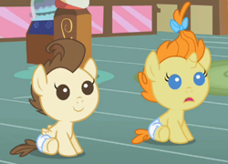 Size: 357x257 | Tagged: safe, screencap, pound cake, pumpkin cake, baby cakes, babies, baby ponies, cake twins, colt, cute, diaper, diapered, diapered colt, diapered filly, diapered foals, female, filly, frown, male, one month old colt, one month old filly, one month old foals, open mouth, siblings, sitting, smiling, twins, white diapers