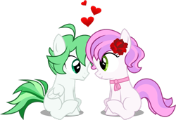 Size: 1081x739 | Tagged: safe, artist:xenoneal, oc, oc only, oc:petal sparkle, oc:sunny bloom, colt, filly, heart, male, shipping, simple background, sitting, straight, transparent background, vector