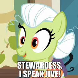 Size: 700x700 | Tagged: safe, screencap, granny smith, earth pony, pony, apple family reunion, airplane!, caption, cropped, female, image macro, mare, meme, solo, young granny smith