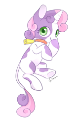 Size: 885x1382 | Tagged: dead source, safe, artist:sion, sweetie belle, cow, bell, bell collar, collar, cowbell, cowbelle, cowified, cute, diasweetes, solo, species swap